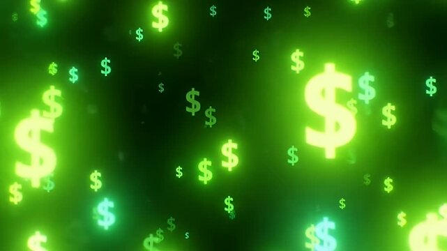 Abstract glowing green dollar signs on dark background