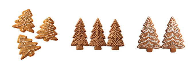 Gingerbread tree cookies arranged in row with decorative icing, festive holiday baking scene, warm brown tone and crisp edges conveying cozy seasonal cheer