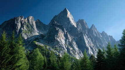 Towering mountain range with dramatic peaks under a clear blue sky