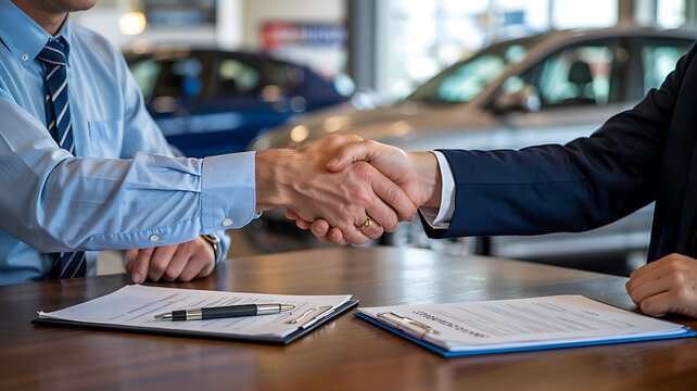 Businessman and customer shaking hands over car purchase agreement at dealership