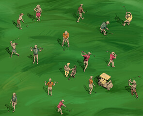Colorful bright pattern, ornament made of illustrations of golfers on a picturesque green field top view, graphic, hand drawn ink sketches with black line, golf cart buggy, clubs, players. High