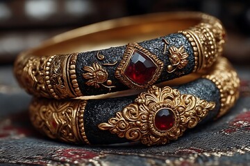 Traditional gold bangles with gemstones high resolution picture