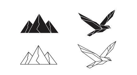 Obraz premium Geometric mountain peaks and origami eagle outlines simple modern design elements for logos and icons abstract nature concept