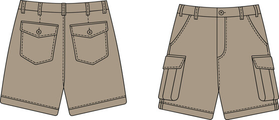 Cargo shorts vector, khaki fashion illustration, utility pocket design, front and back views, stitching detail, clothing template, apparel sketch, outdoor wear