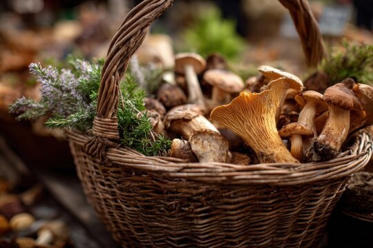 Basket of Fresh Seasonal Mushrooms and Herbs in Rustic Setting - Powered by Adobe