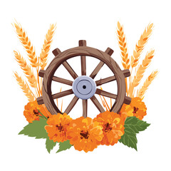  Vintage Wooden Water Wheel with a Wheat Field and Blue Flowers