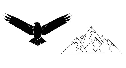 An eagle soaring with widespread wings beside a stylized mountain range signifying ambition and achievement in nature's grand landscape