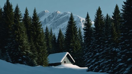 Snowy mountain cabin surrounded by tall evergreen trees