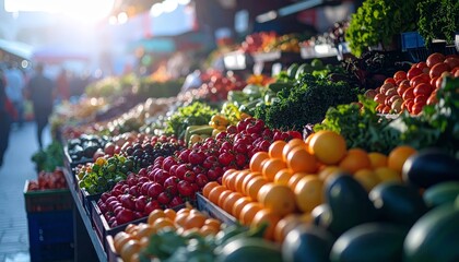 Colorful arrangement of fresh fruits and vegetables in a market display
