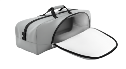Stylish Gray Duffel Bag with Open Side Compartment, Empty, Transparent Background
