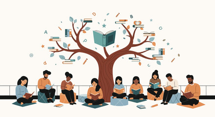 Vector illustration of diverse people of all ages gathering around a knowledge tree with an open book at its center symbolizing education and community growth
