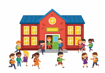 Cartoon school building with happy children, students going to class. Education, learning, back to school concept for World Teacher's Day.