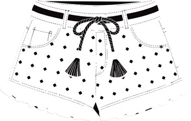 Hand-drawn fashion sketch of ruffled shorts, boho tassel drawstring, decorative pattern, front pockets, feminine summer wear, black and white vector illustration