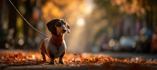 Dachshund in Sweater on Autumn Walk with Leash in Sunlit Park