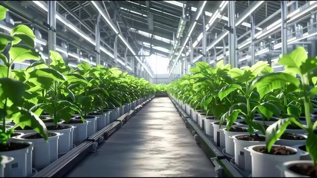 Rows of potted leafy plants line a bright central aisle in an indoor greenhouse or hydroponic farm.