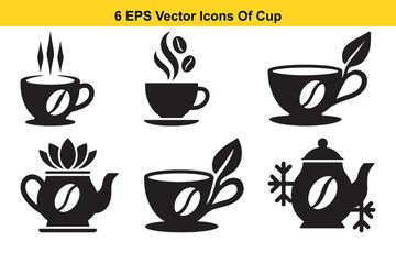 Six Black Vector Icons Of Coffee Cups And Teapots With Steam Leaves And Snowflakes illustration