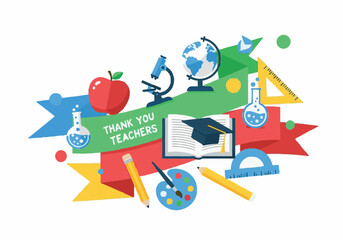 Naklejka premium World Teacher's Day background with school supplies, education symbols, and 'Thank You Teachers' message. Learning concept.