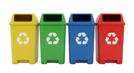 Four colorful recycling bins isolated on transparent background, for waste separation