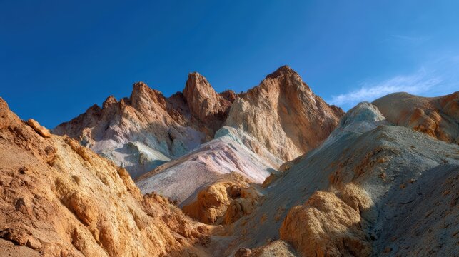 A panoramic view of a desert canyon with colorful layered rock formations