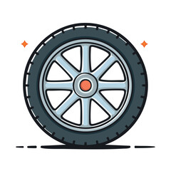 Obraz premium Simple line art illustration of a modern car wheel with a shiny multi-spoke alloy rim. Flat vector icon for automotive service or transport concepts
