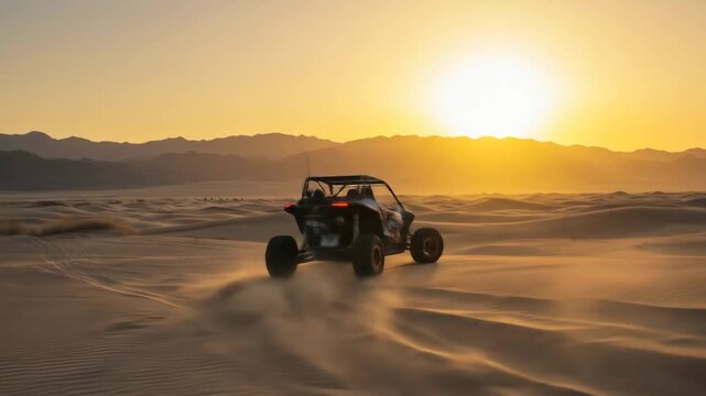 Dune Buggy Adventure at Sunset - A vibrant blue and red dune buggy speeds across a sandy desert landscape, kicking up dust as the sun sets in the background, casting a warm golden light.