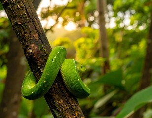 Naklejka premium Green snake coiled on a tree branch in a lush forest