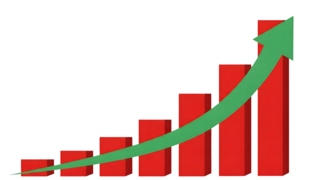 Growing bar graph with upward arrow showing business success isolated on transparent background