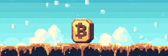 Digital coin animation featuring a Bitcoin symbol against a bright blue sky with clouds and a pixelated landscape