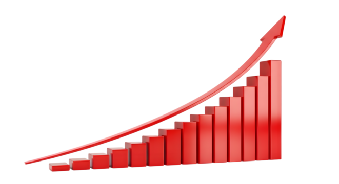 Red business graph chart with arrow showing growth isolated on transparent background