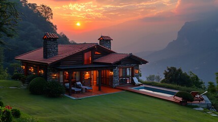 Obraz premium Luxury villa with pool nestled in the mountains during a vibrant sunset