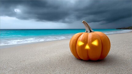 Jack-o'-lantern glowing on sandy beach with turquoise ocean waves and dark stormy clouds in the background, creating a unique Halloween atmosphere by the seaside