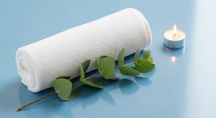 Rolled white towel with eucalyptus branch and lit candle on blue surface image