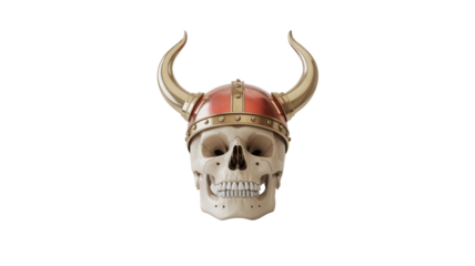 Viking skull wearing horned helmet, a symbol of power and ancient warrior strength for fantasy designs