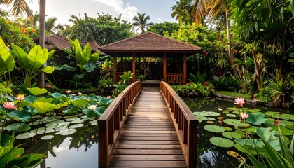 Serene Garden with Wooden Bridge and Tropical Plants at Sunset