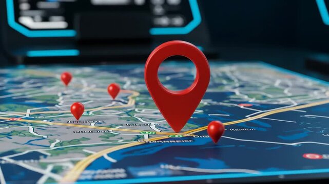 Navigation App with Location Pins on a Map - A large, red location pin hovers over a digital map displaying multiple smaller red location pins.