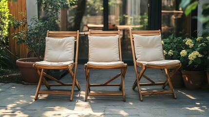 Three wooden folding chairs with beige cushions for outdoor relaxation