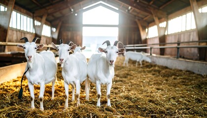A herd of inquisitive white goats standing indoors in a rustic barn scene