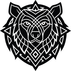 Obraz premium Vector art of geometric black and white tribal design of a bears head, showcasing intricate patterns and sharp lines, ideal for modern branding and artistic applications
