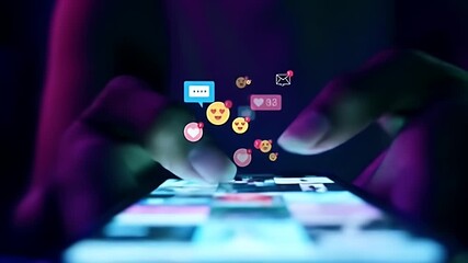 Close-up view of hands interacting with a smartphone, displaying social media activity.  - Powered by Adobe