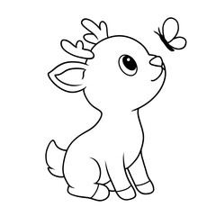 Cute Fawn and Butterfly Line Art, Black and White Illustration for Kids' Coloring Pages and Nursery Decor.