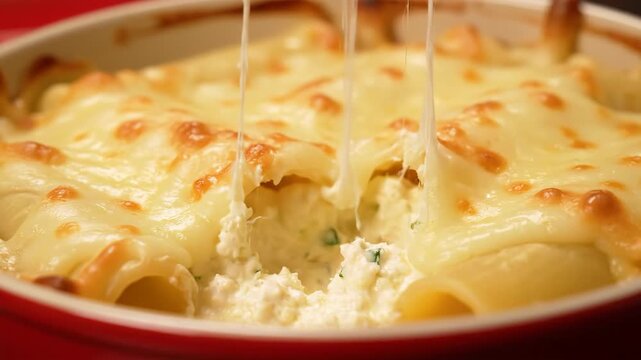 Cheesy Baked Ziti is Being Served in a Red Dish, Showcasing the Creamy Ricotta Cheese Filling and Melted Mozzarella Topping
