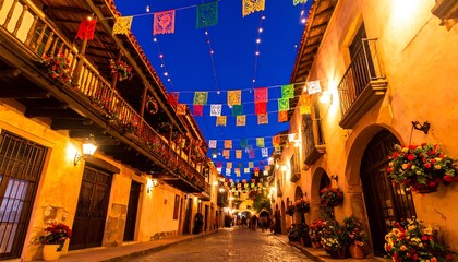Naklejka premium Colorful, decorated alley at night