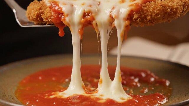 Chicken Parmesan Dinner Preparation With Fresh Melted Mozzarella Cheese and Tomato Sauce on a Plate in an Italian Restaurant