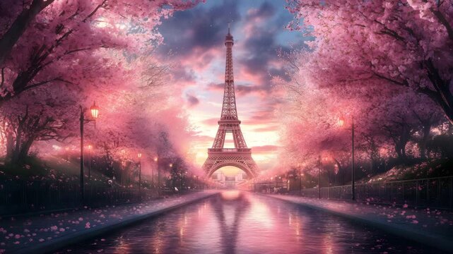 Eiffel Tower framed by cherry blossoms in spring 