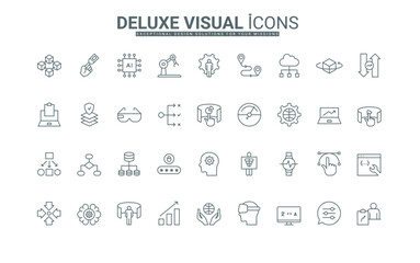 Robot and VR glasses, digital data and cloud, process and algorithm of work with artificial intelligence, thin black outline symbols vector illustration. AI smart technology line icons set.