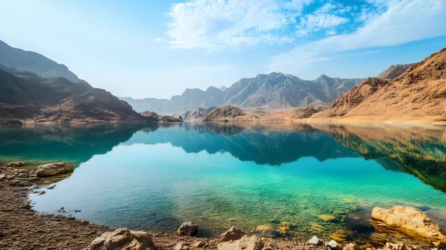 Hatta Mountains and lake for outdoor adventure scene 