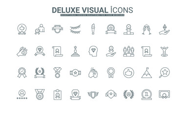 Medal, wreath badge for achievement victory, trophy recognition of champion for first place in championship thin black outline symbols vector illustration. Winners award line icons set.