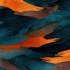 Abstract fluid watercolor strokes in deep navy blue and vibrant orange warm tones artistry