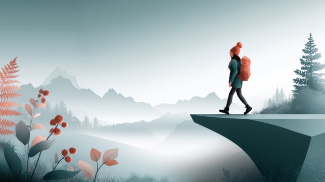 Red jacket woman hiker in painterly landscape illustration - Powered by Adobe