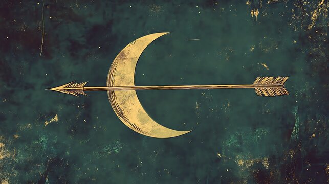 Sagittarius' arrow as a single bold line, pointing toward a minimalist depiction of a crescent moon.  - Powered by Adobe